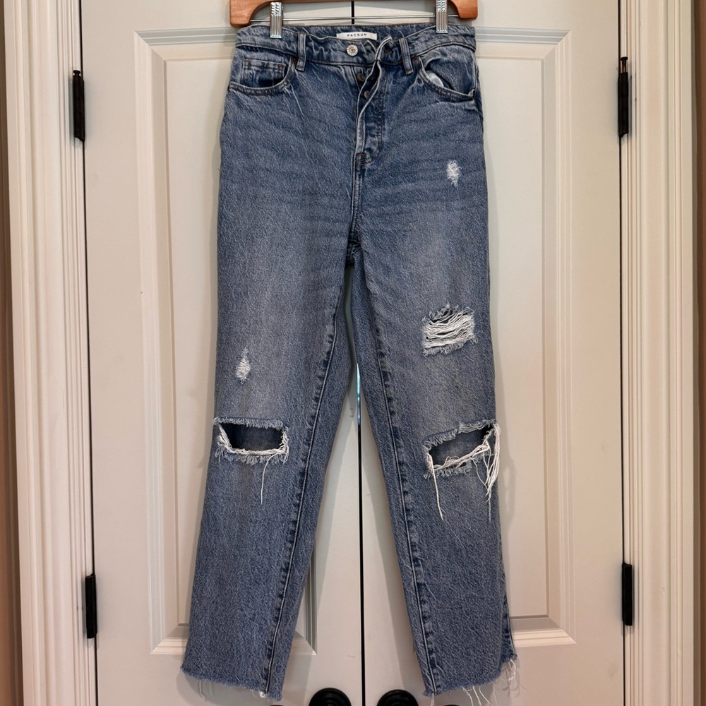 PacSun Blue High-Rise Straight Leg Jeans with Vintage Distressing, size 25